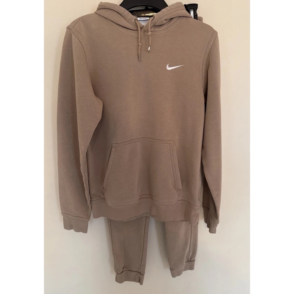 Nike Set Hoodie & Sweatpants Mens Small Beige Fleece Pullover Swoosh Logo